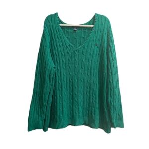 Chaps Womens Cable Knit Sweater Kelly Green V Neck 3X Old Money St Patrick's Day
